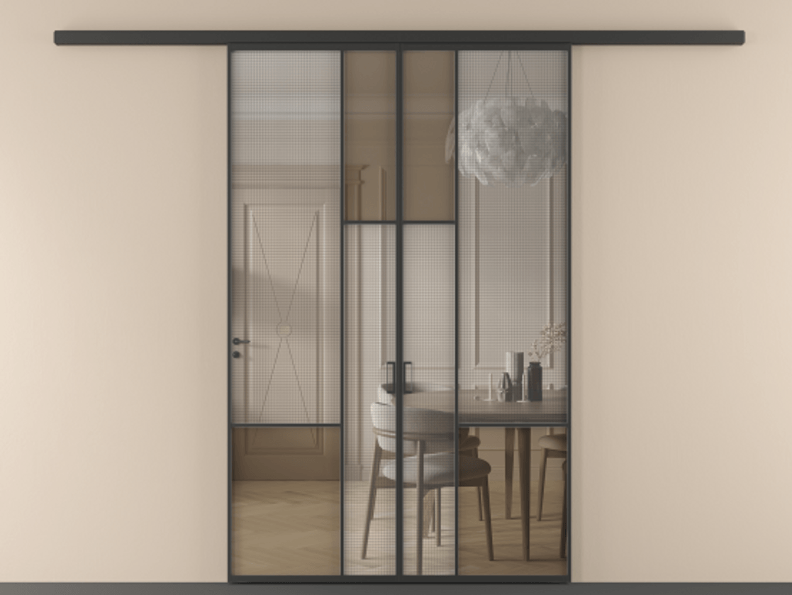 Перегородка Mosaic вдоль стены двустворчатая АЛПР 041.13 Алюминий Черный Декоративное стекло с сеткой "Mesh silver", триплекс, 6 мм + Прозрачное бронзовое стекло, триплекс Цена 54014240 so'm | Volhovec