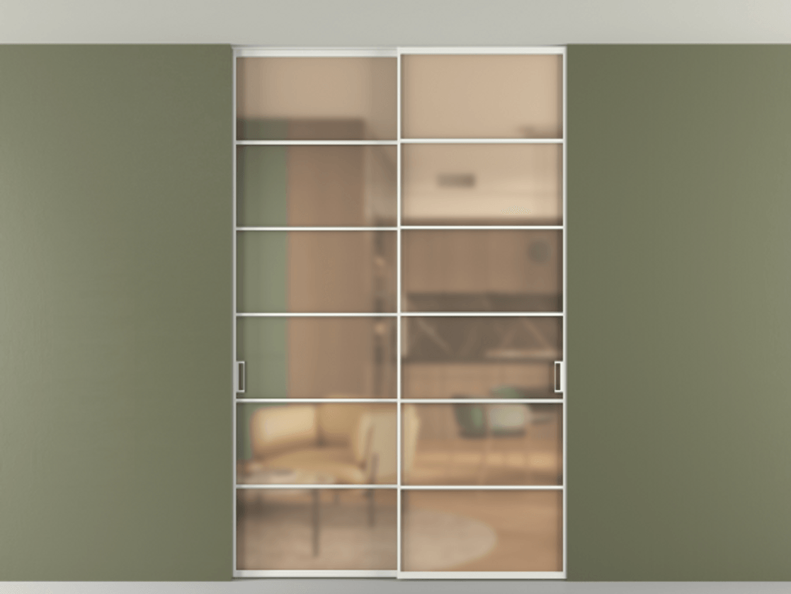 Перегородка Формато внутри проёма скрытое крепление в потолок 2 створки АЛПР 040.04 Алюминий светло-серый Сатинированное оранжевое стекло, триплекс Цена 380140 сом | Volhovec