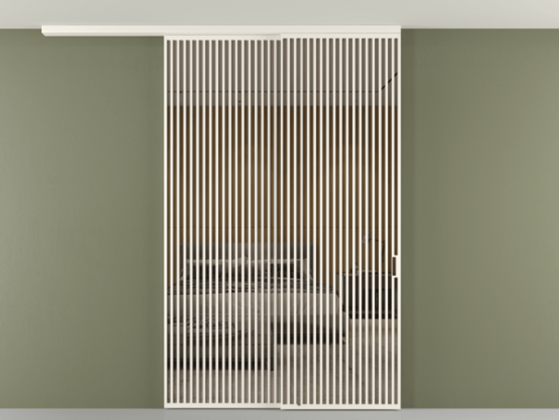 Перегородка Формато вдоль стены на потолок 2 створки с синхронным механизмом АЛПР 040.06 Алюминий пудровый белый Рефлективное бронзовое стекло "Стопсол", калёное Цена 790050 сом | Volhovec