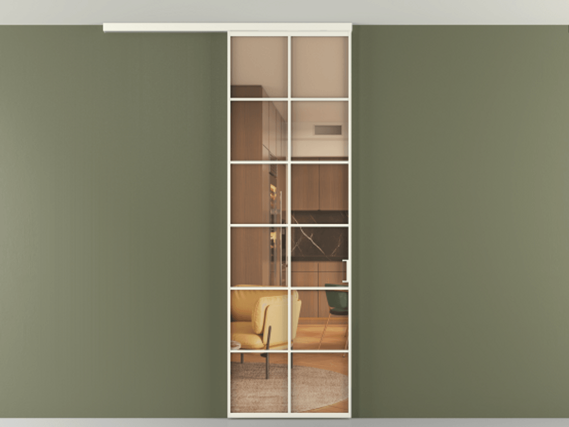 Перегородка Формато вдоль стены на потолок 1 створка АЛПР 040.05 Алюминий жемчужный Прозрачное оранжевое стекло, триплекс Цена 150390 сом | Volhovec