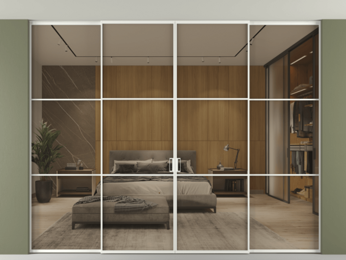 Перегородка Формато внутри проёма скрытое крепление в потолок 4 створки АЛПР 040.03 Алюминий светло-серый Рефлективное бронзовое стекло "Стопсол", калёное Цена 808280 сом | Volhovec