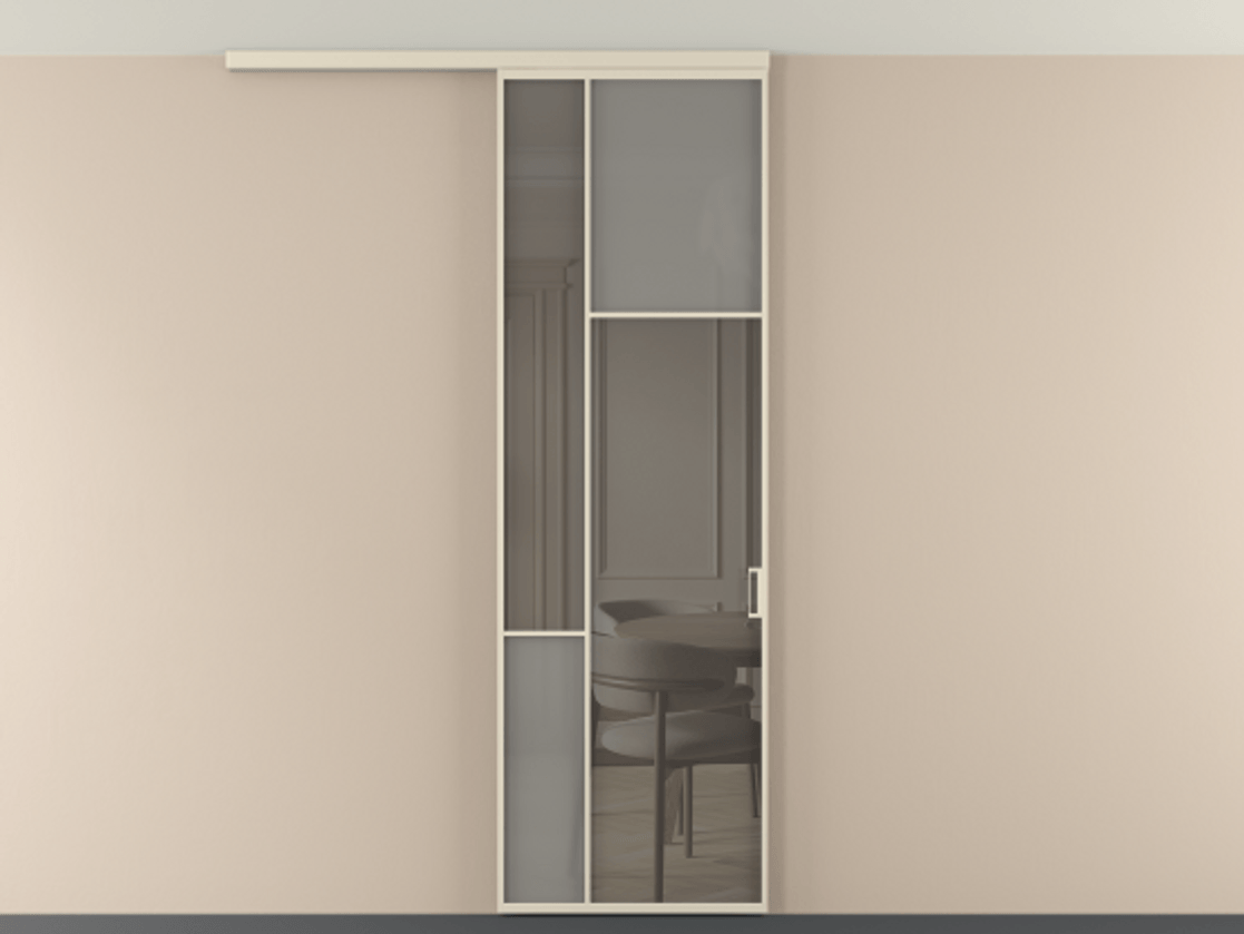 Перегородка Мозаик вдоль стены на потолок 1 створка АЛПР 041.11 Алюминий бежево-серый Сатинированное серое стекло, триплекс, 6 мм + Прозрачное серое стекло, триплекс Цена 196620 сом | Volhovec