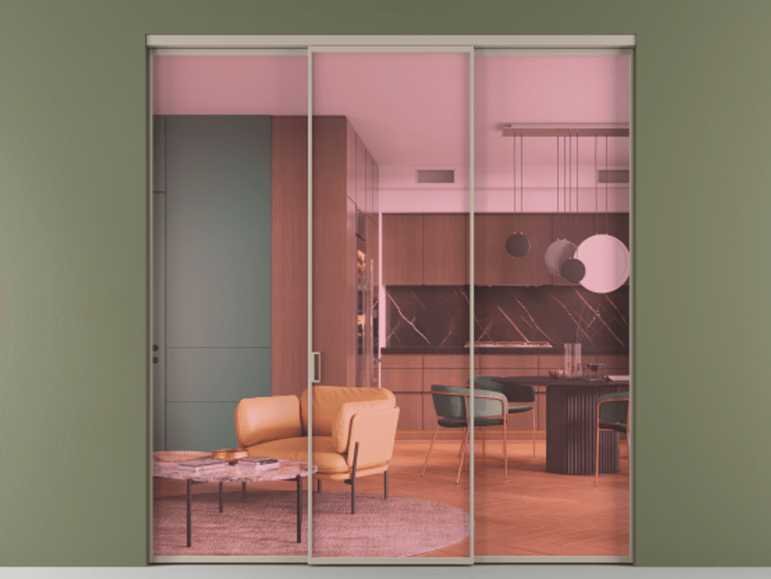 Перегородка Formato внутри проёма 3 створки АЛПР 040.01 Алюминий бисквитный Прозрачное розовое стекло, триплекс Цена 327780 сом | Volhovec