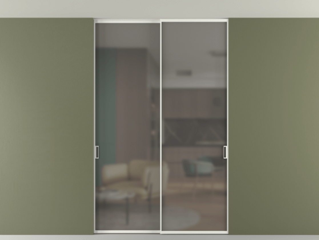 Перегородка Формато внутри проёма скрытое крепление в потолок 2 створки АЛПР 040.01 Алюминий светло-серый Сатинированное серое стекло, триплекс Цена 348430 сом | Volhovec