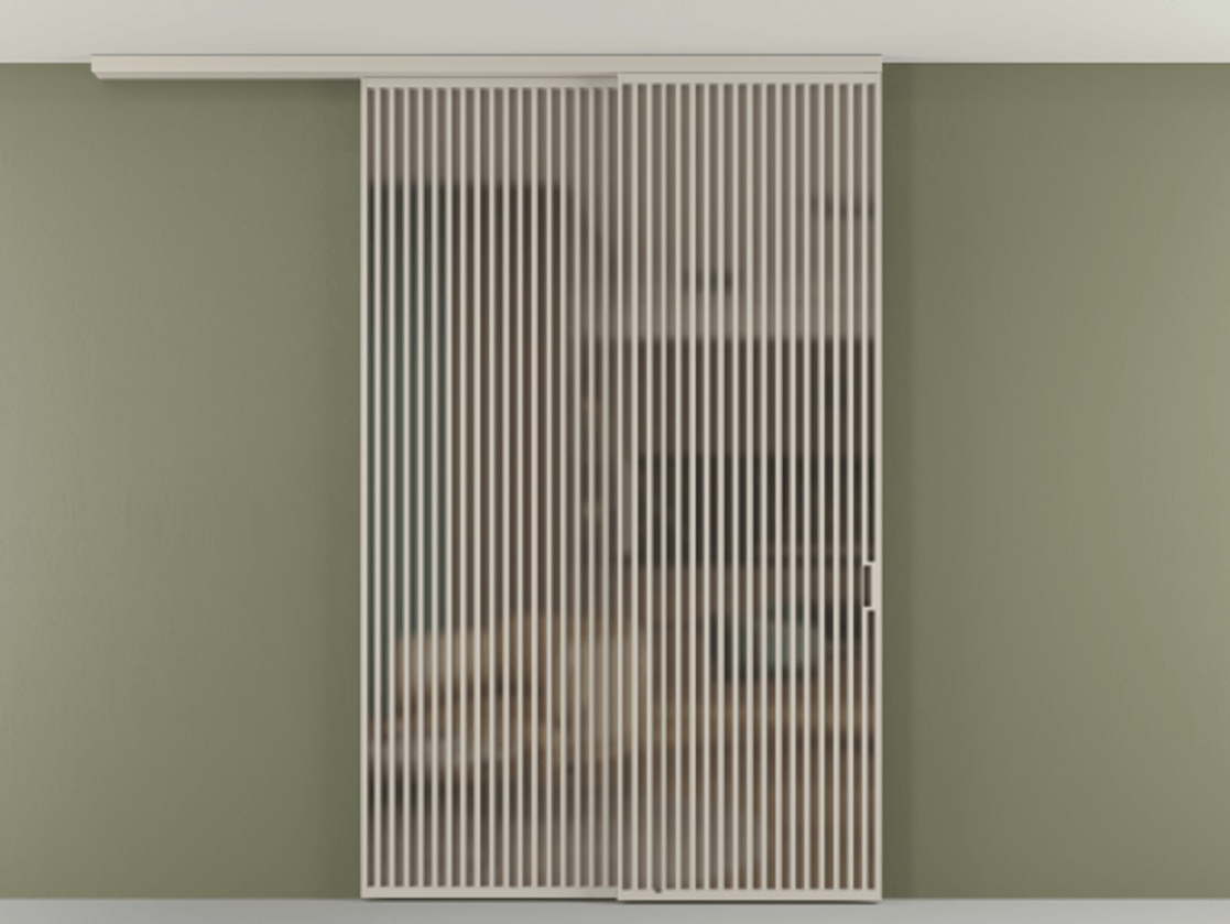 Перегородка Формато вдоль стены на потолок 2 створки с синхронным механизмом АЛПР 040.06 Алюминий светло-бежевый Сатинированное бронзовое стекло, триплекс Цена 766760 сом | Volhovec