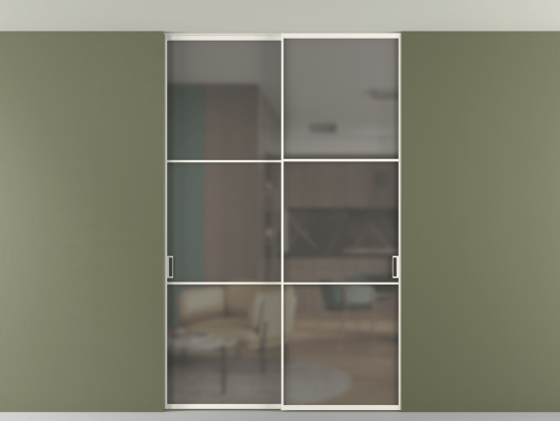 Перегородка Formato внутри проёма скрытое крепление в потолок 2 створки АЛПР 040.03 Алюминий пудровый белый Сатинированное серое стекло, триплекс Цена 361400 сом | Volhovec