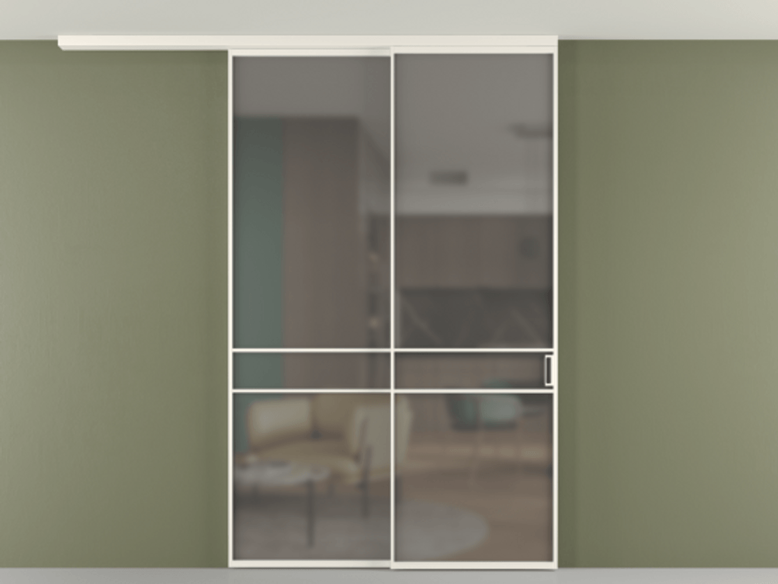 Перегородка Формато вдоль стены на потолок 2 створки с синхронным механизмом АЛПР 040.02 Алюминий пудровый белый Сатинированное серое стекло, триплекс Цена 452850 сом | Volhovec