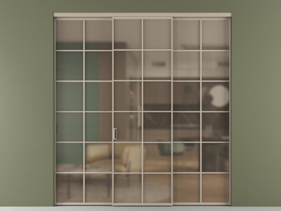 Перегородка Формато внутри проёма 3 створки АЛПР 040.05 Алюминий бисквитный Сатинированное бронзовое стекло, триплекс Цена 371030 сом | Volhovec