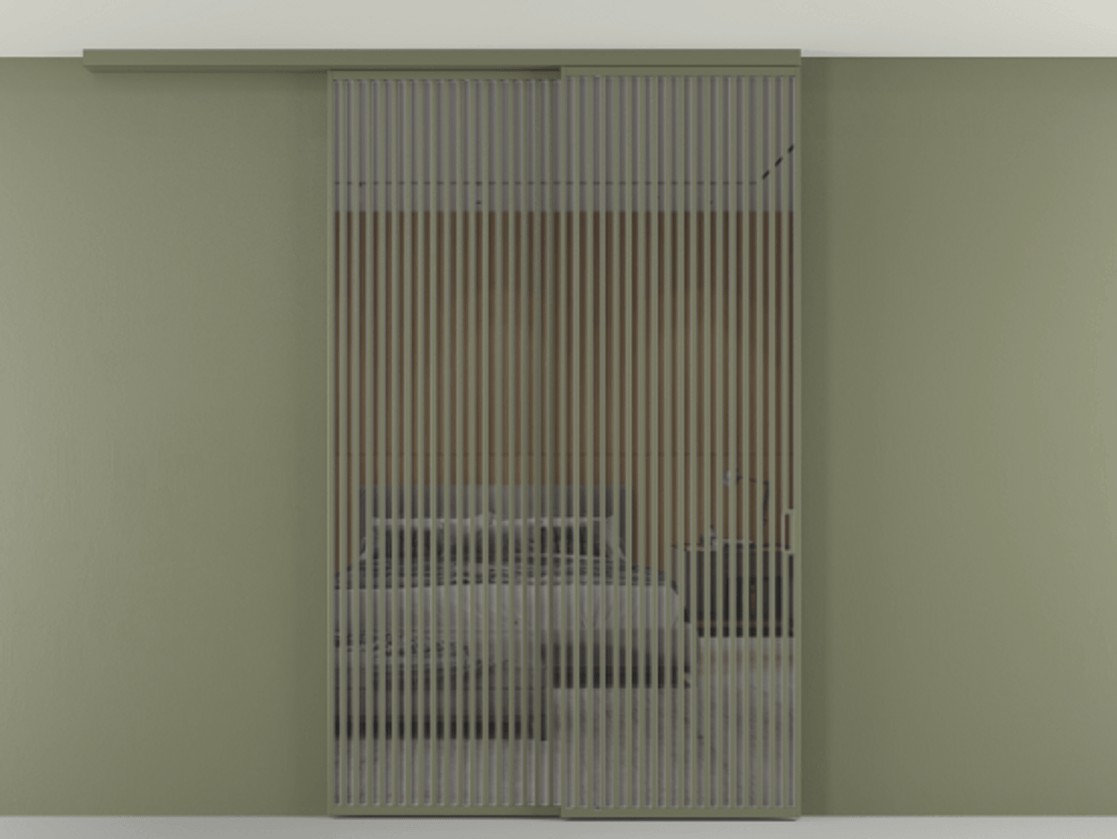 Перегородка Формато вдоль стены на потолок 2 створки с синхронным механизмом АЛПР 040.06 Алюминий оливковый тёмный Рефлективное серое стекло "Стопсол", калёное Цена 674501 сом | Volhovec