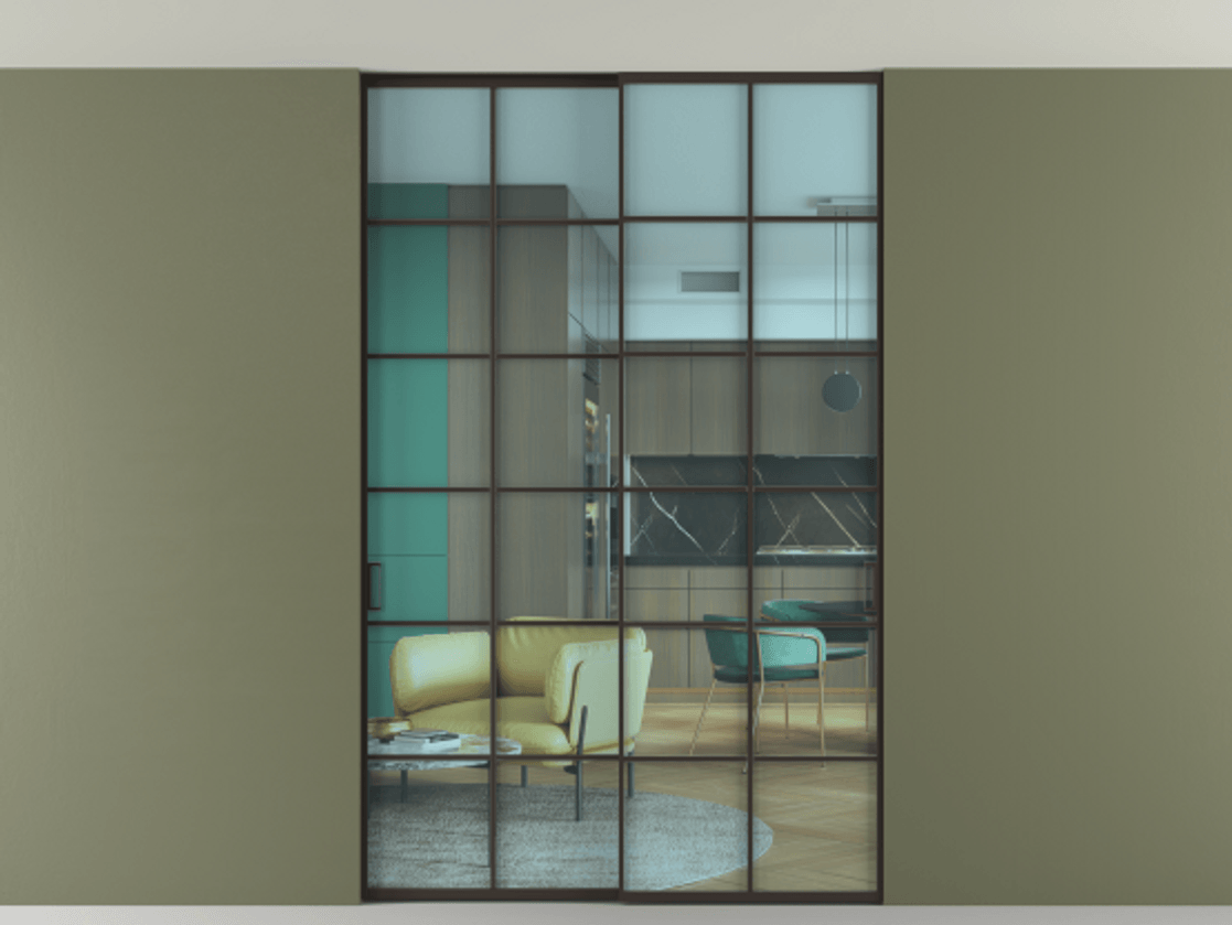 Перегородка Formato внутри проёма скрытое крепление в потолок 2 створки АЛПР 040.05 Алюминий антрацит Прозрачное голубое стекло, триплекс Цена 393420 сом | Volhovec