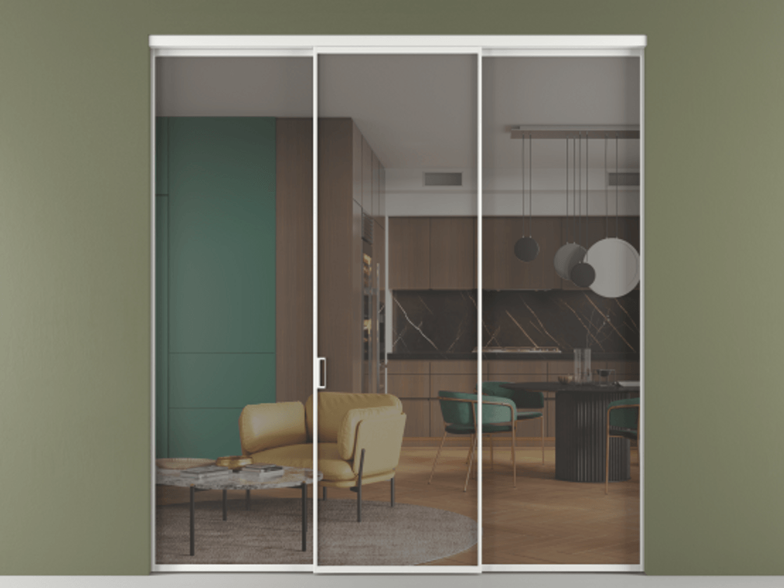 Перегородка Формато внутри проёма 3 створки АЛПР 040.01 Алюминий белоснежный Прозрачное серое стекло, триплекс Цена 327780 сом | Volhovec