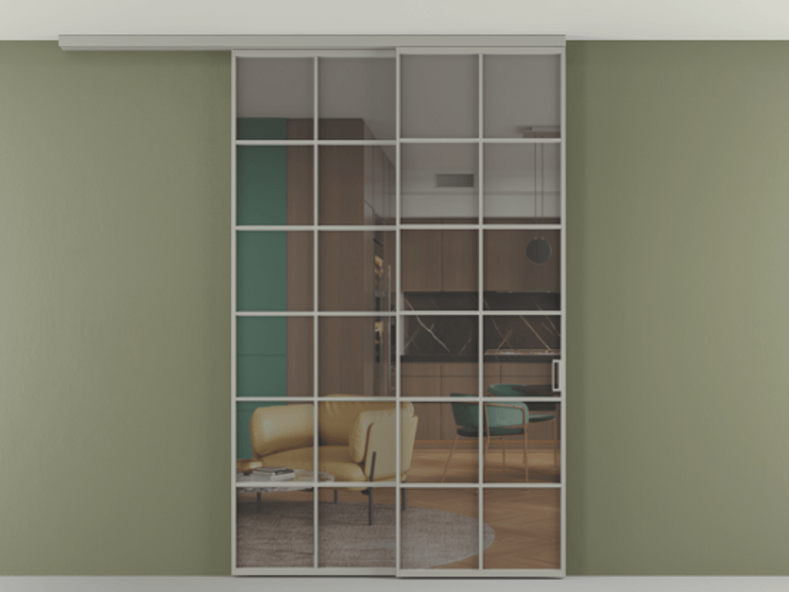 Перегородка Формато вдоль стены на потолок 2 створки с синхронным механизмом АЛПР 040.05 Алюминий нейтральный серый Прозрачное серое стекло, триплекс Цена 424720 сом | Volhovec