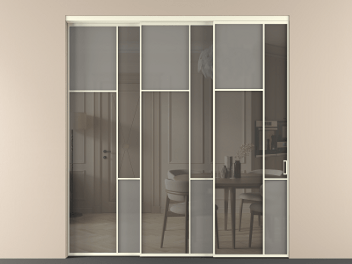 Перегородка Мозаик внутри проёма 3 створки с синхронным механизмом АЛПР 041.10 Алюминий молочно-белый Сатинированное серое стекло, триплекс, 6 мм + Прозрачное серое стекло, триплекс. Цена 437390 ₽ . Фабрика дверей Волховец 8 (800) 551 43 19 Перегородка Мозаик внутри проёма 3 створки с синхронным механизмом АЛПР 041.10 Алюминий молочно-белый Сатинированное серое стекло, триплекс, 6 мм + Прозрачное серое стекло, триплекс Цена 437390 ₽ | Volhovec