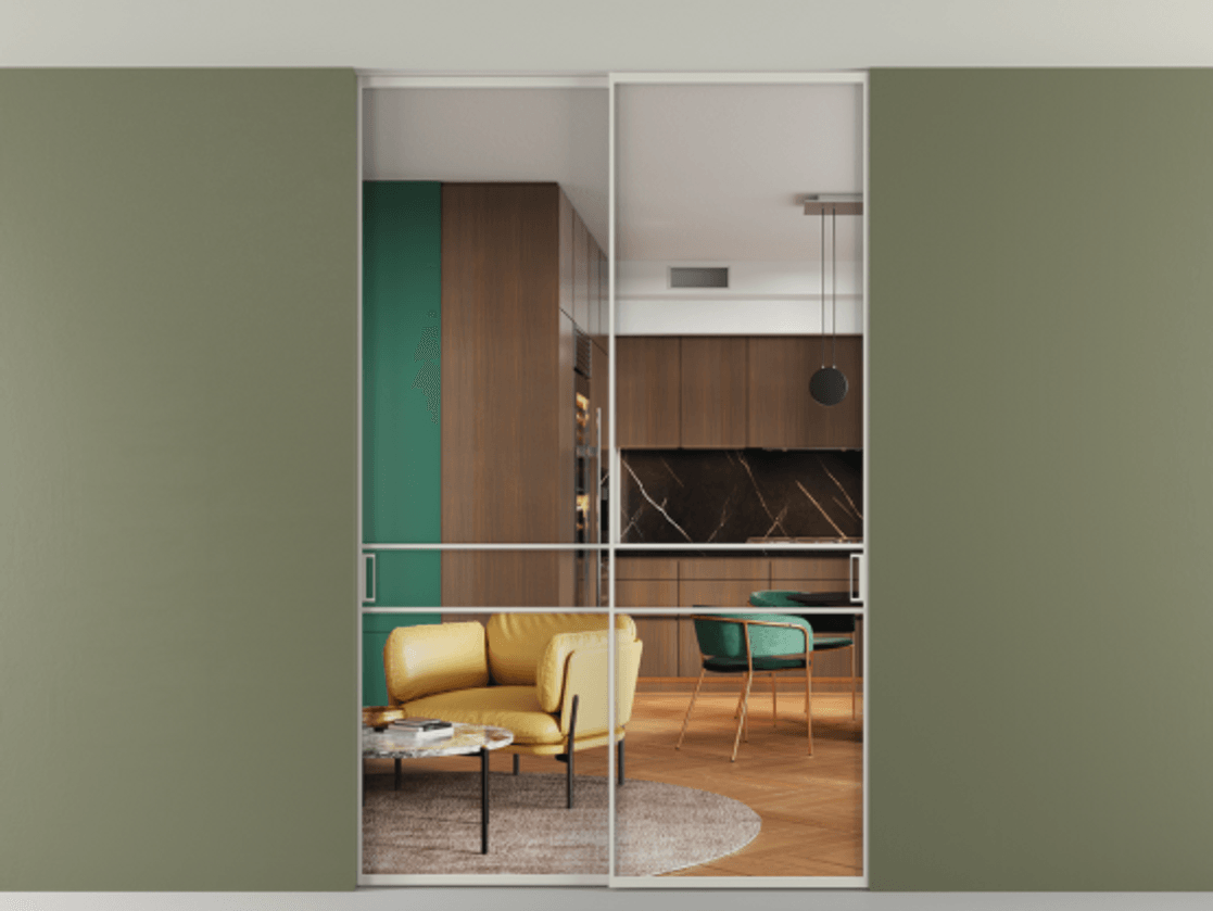 Перегородка Formato внутри проёма скрытое крепление в потолок 2 створки АЛПР 040.02 Алюминий тёплый серый Прозрачное стекло "Crystal Vision", калёное Цена 305520 ₽ | Volhovec