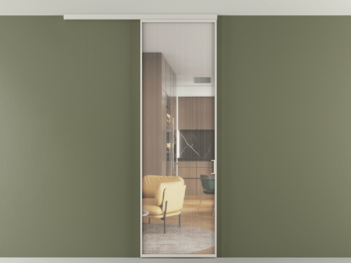 Перегородка Формато вдоль стены на потолок 1 створка АЛПР 040.01 Алюминий тёплый серый Рифлёное стекло "Мору", триплекс Цена 143270 сом | Volhovec