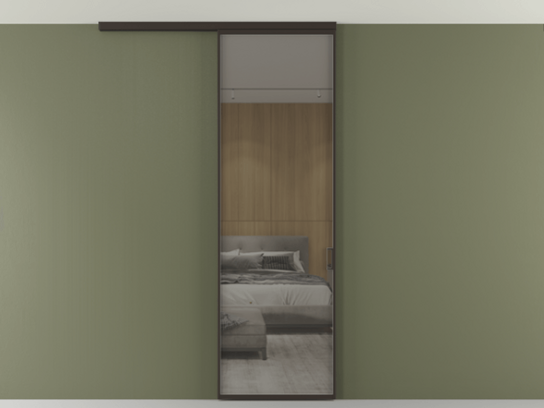 Перегородка Формато вдоль стены на потолок 1 створка АЛПР 040.01 Алюминий антрацит Рефлективное серое стекло "Стопсол", калёное Цена 174090 сом | Volhovec