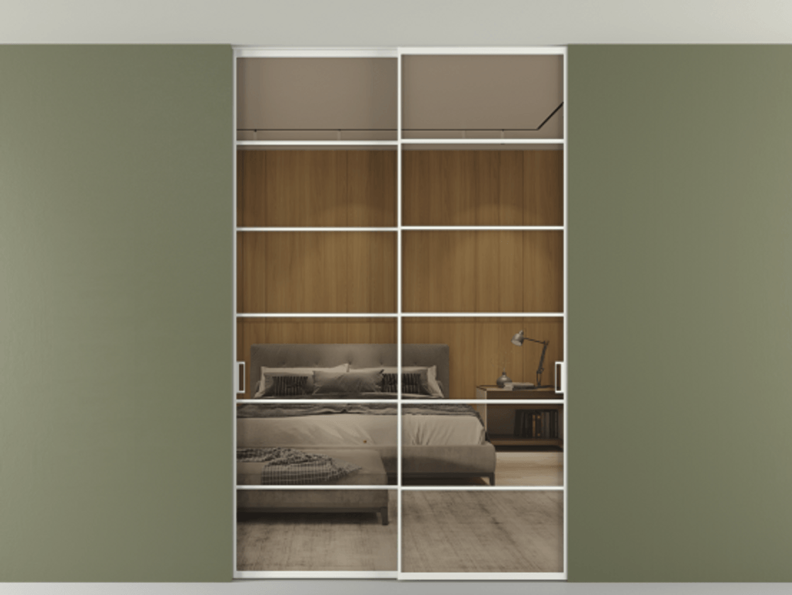 Перегородка Формато внутри проёма скрытое крепление в потолок 2 створки АЛПР 040.04 Алюминий светло-серый Рефлективное бронзовое стекло "Стопсол", калёное Цена 469820 сом | Volhovec