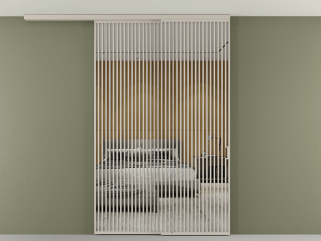 Перегородка Формато вдоль стены на потолок 2 створки с синхронным механизмом АЛПР 040.06 Алюминий светло-бежевый Двустороннее зеркало, триплекс , триплекс 6 мм Цена 655860 сом | Volhovec