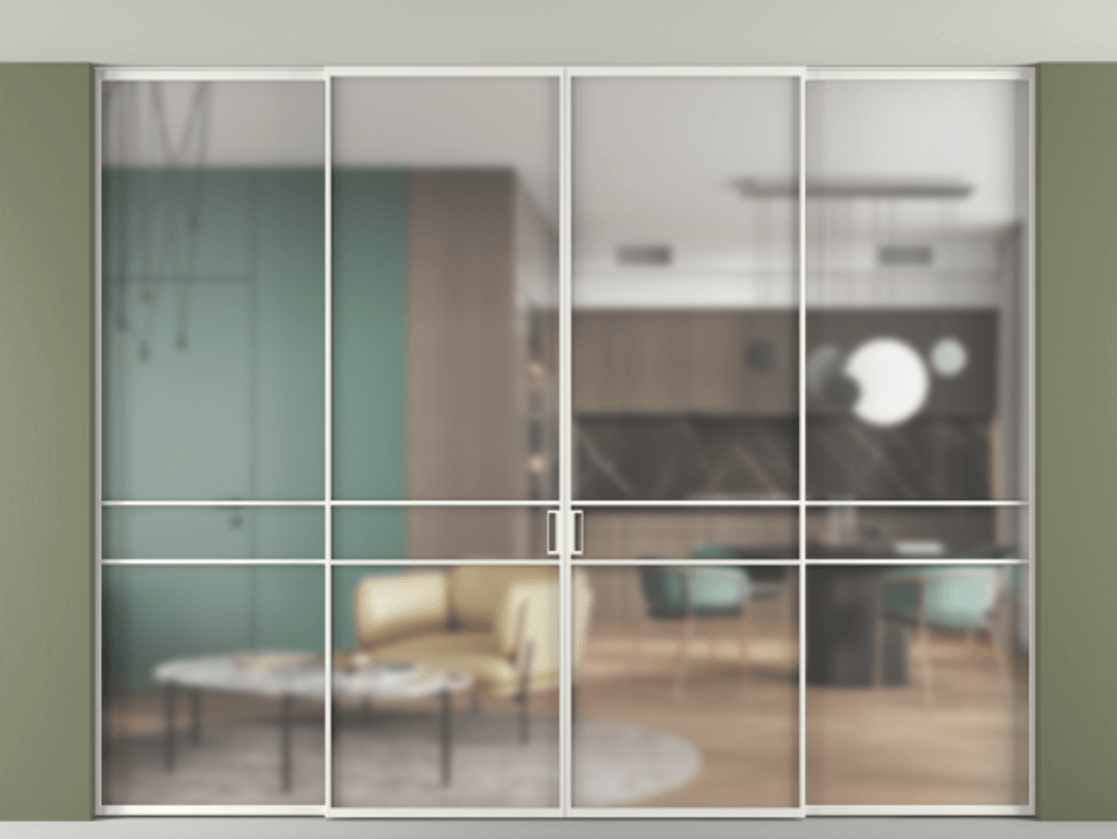 Перегородка Формато внутри проёма скрытое крепление в потолок 4 створки АЛПР 040.02 Алюминий светло-серый Сатинированное стекло "Мателюкс Кристал Вижн", калёное, матовое, каленое 6 мм Цена 808280 сом | Volhovec