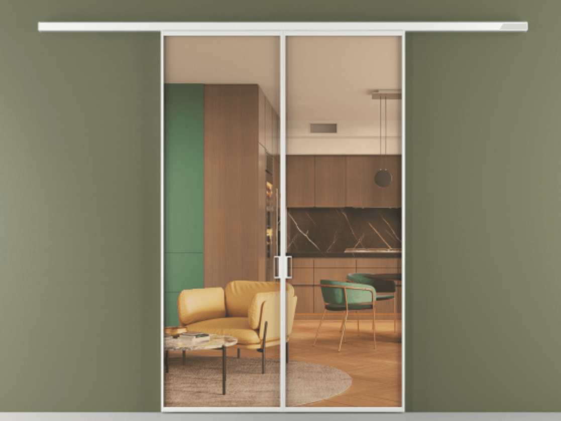 Перегородка Formato вдоль стены 2 створки АЛПР 040.01 Алюминий белоснежный Прозрачное оранжевое стекло, триплекс Цена 323520 сом | Volhovec