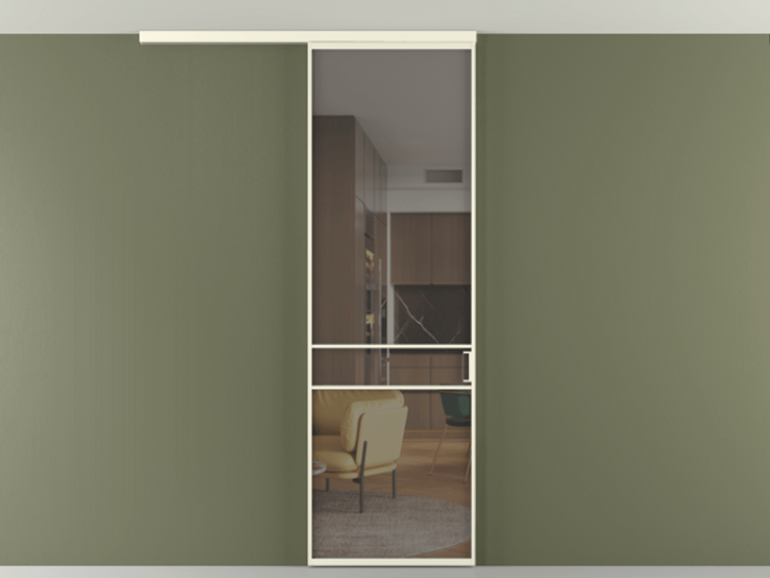 Перегородка Формато вдоль стены на потолок 1 створка АЛПР 040.02 Алюминий молочно-белый Прозрачное серое стекло, триплекс Цена 141030 сом | Volhovec