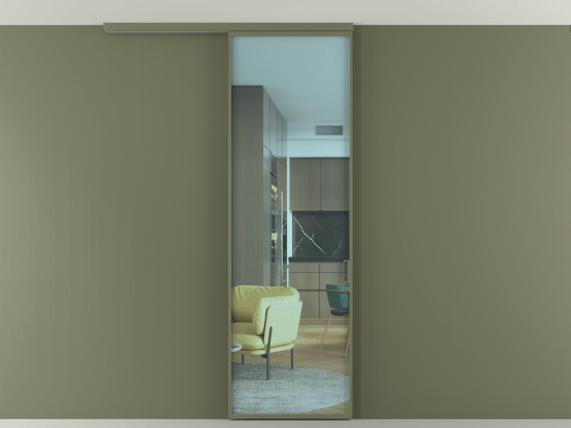 Перегородка Формато вдоль стены на потолок 1 створка АЛПР 040.01 Алюминий оливковый тёмный Прозрачное голубое стекло, триплекс Цена 134540 сом | Volhovec