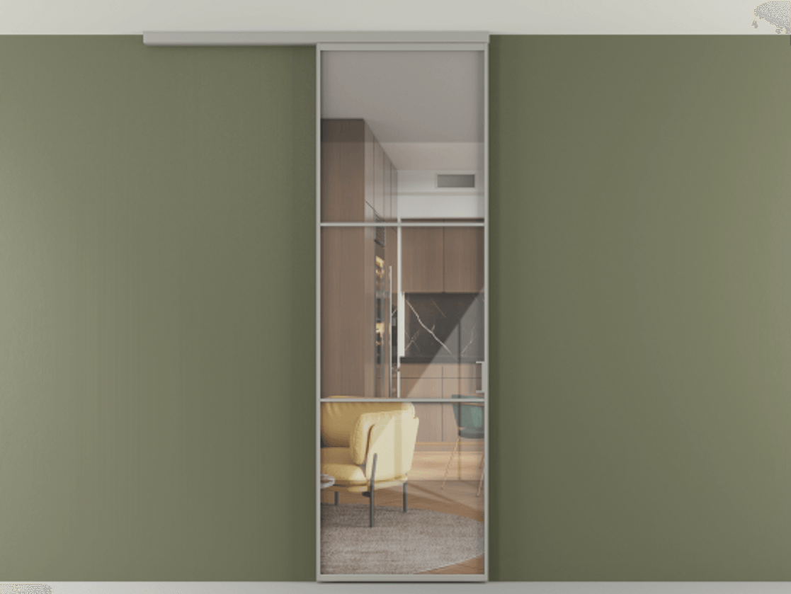 Перегородка Формато вдоль стены на потолок 1 створка АЛПР 040.03 Алюминий нейтральный серый Рефлективное прозрачное стекло "Стопсол", калёное Цена 182740 сом | Volhovec