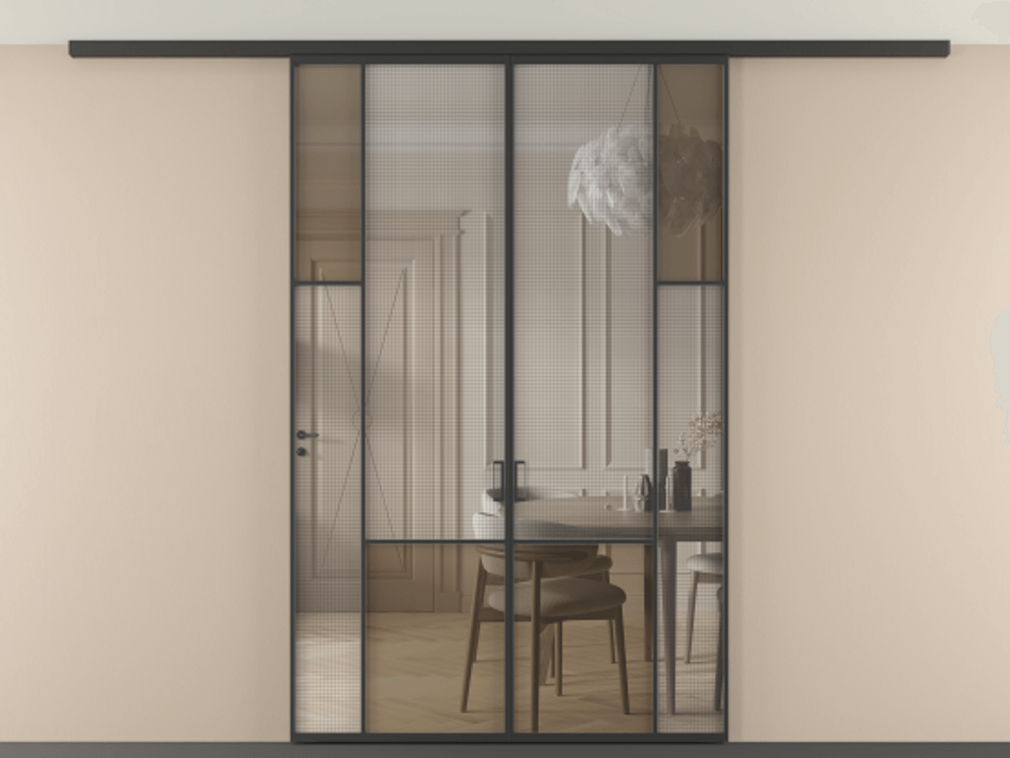 Перегородка Mosaic вдоль стены на потолок двустворчатая АЛПР 041.12 Алюминий Черный Декоративное стекло с сеткой "Mesh silver", триплекс, 6 мм + Прозрачное бронзовое стекло, триплекс, 6 мм. Скрытый короб ЧЕР Цена 249920 ₽ . Фабрика дверей Волховец 8 (800) 551 43 19 Перегородка Mosaic вдоль стены на потолок двустворчатая АЛПР 041.12 Алюминий Черный Декоративное стекло с сеткой "Mesh silver", триплекс, 6 мм + Прозрачное бронзовое стекло, триплекс, 6 мм Цена 249920 ₽ | Volhovec