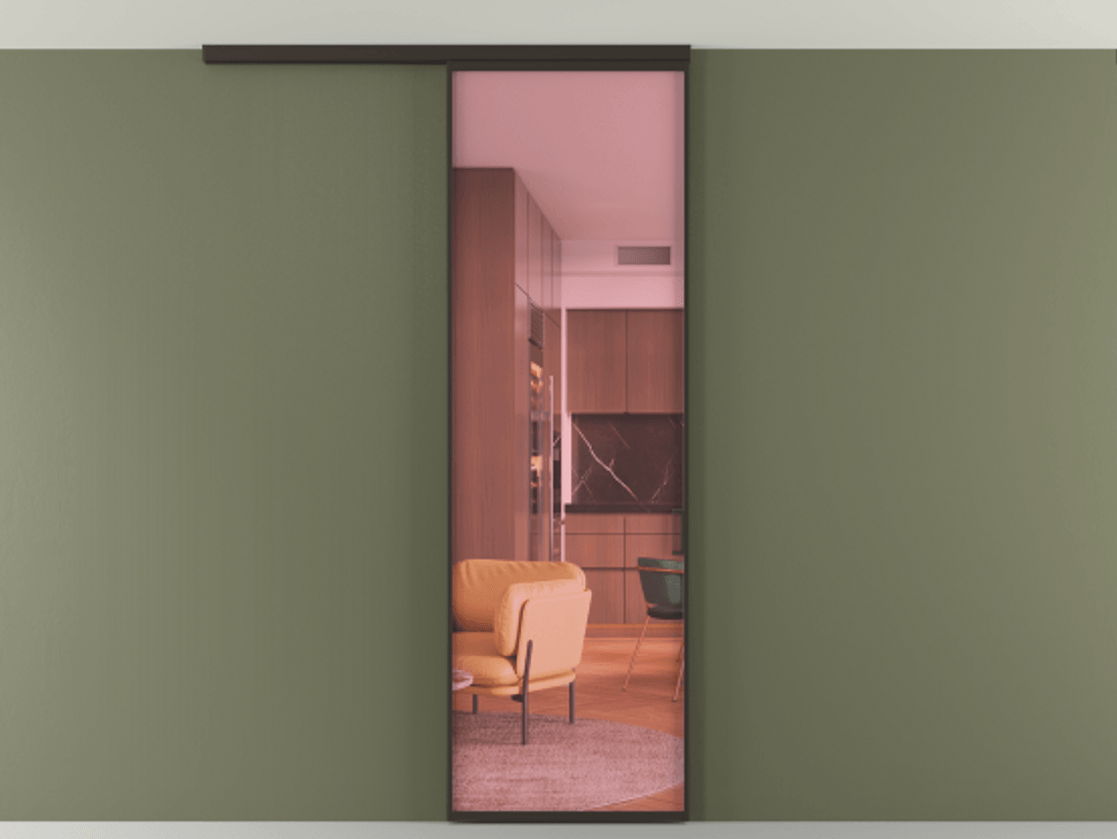 Перегородка Формато вдоль стены на потолок 1 створка АЛПР 040.01 Алюминий антрацит Прозрачное розовое стекло, триплекс Цена 134540 сом | Volhovec