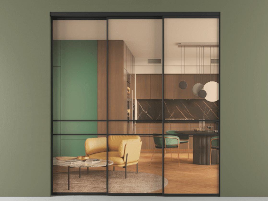 Перегородка Формато внутри проёма 3 створки с синхронным механизмом АЛПР 040.02 Алюминий Черный Прозрачное оранжевое стекло, триплекс Цена 478440 сом  | Volhovec