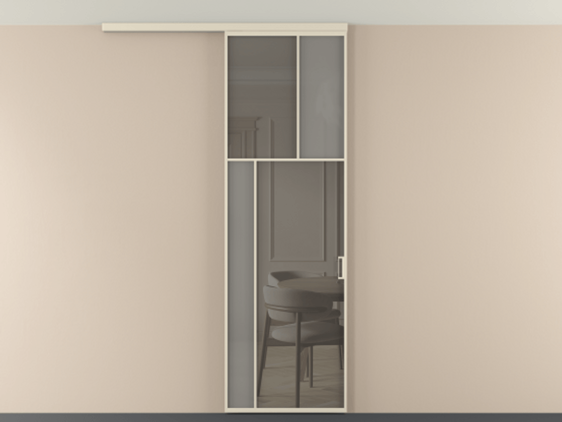 Перегородка Мозаик вдоль стены на потолок 1 створка АЛПР 041.22 Алюминий бежево-серый Сатинированное серое стекло, триплекс, 6 мм + Прозрачное серое стекло, триплекс Цена 196620 сом | Volhovec