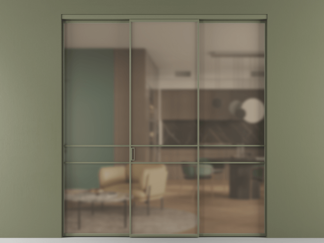 Перегородка Formato внутри проёма 3 створки АЛПР 040.02 Алюминий оливковый тёмный Сатинированное бронзовое стекло, триплекс Цена 345470 сом | Volhovec
