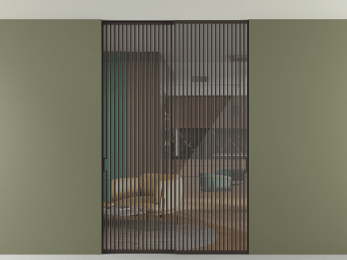 Перегородка Формато внутри проёма скрытое крепление в потолок 2 створки АЛПР 040.06 Алюминий антрацит Рефлективное прозрачное стекло "Стопсол", калёное Цена 758751 сом | Volhovec