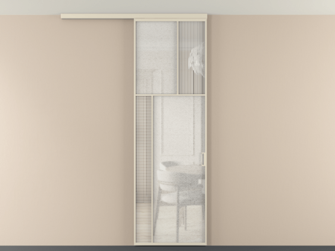 Перегородка Мозаик вдоль стены на потолок 1 створка АЛПР 041.22 Алюминий бежево-серый Рифлёное стекло "Дюна", триплекс, 6 мм + Фактурное стекло "Лёд", триплекс Цена 208270 сом | Volhovec