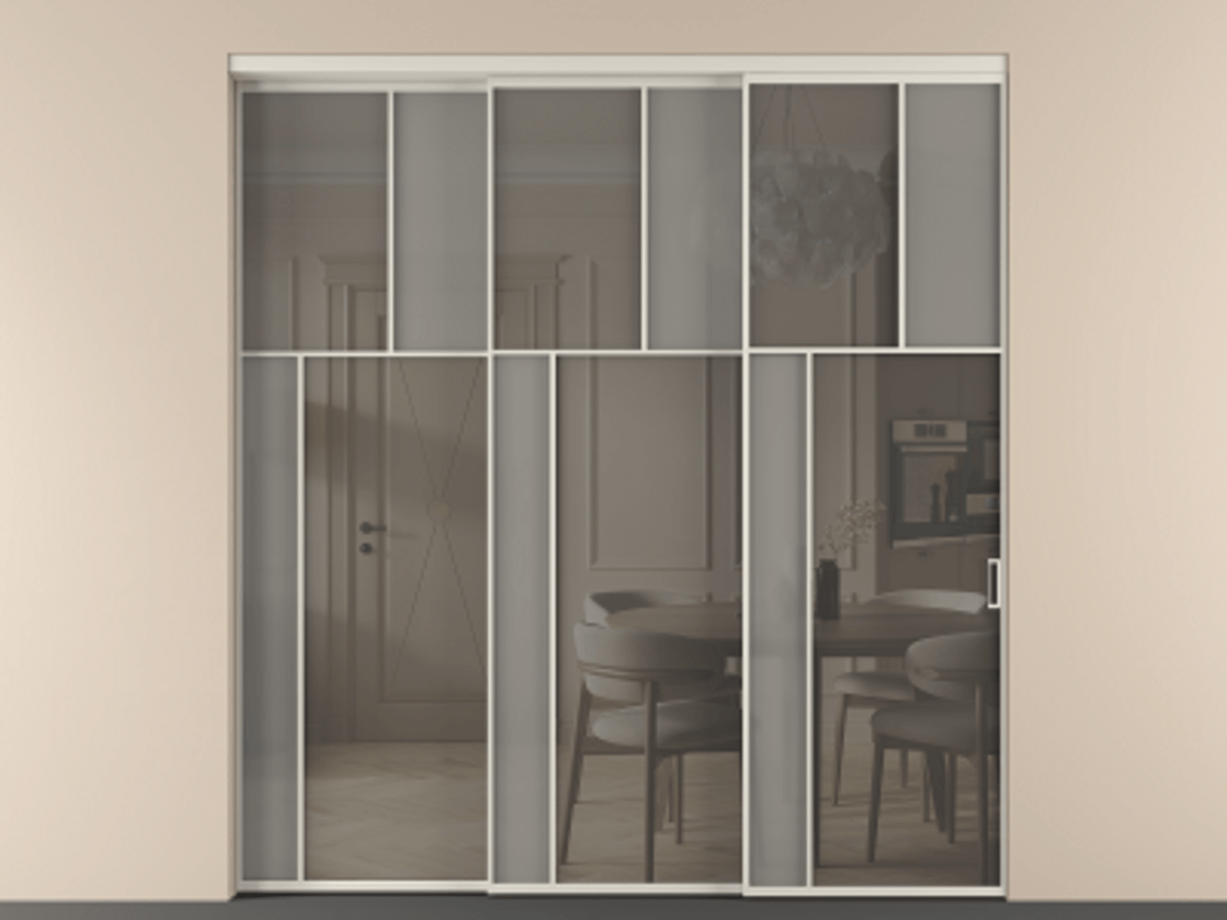 Перегородка Mosaic внутри проёма 3 створки с синхронным механизмом АЛПР 041.22 Алюминий облачно-серый Сатинированное серое стекло, триплекс, 6 мм + Прозрачное серое стекло, триплекс Цена 636840 сом | Volhovec