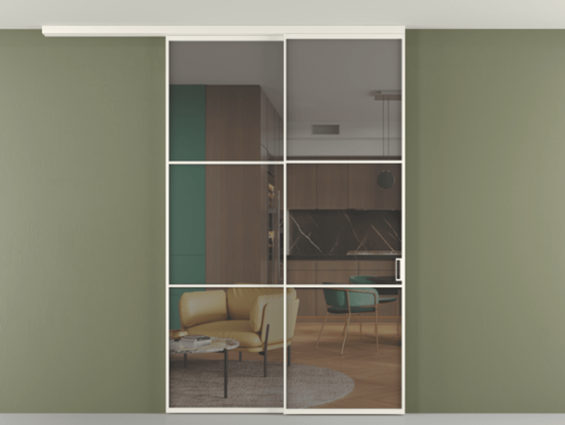 Перегородка Формато вдоль стены на потолок 2 створки с синхронным механизмом АЛПР 040.03 Алюминий пудровый белый Прозрачное серое стекло, триплекс Цена 452850 сом | Volhovec