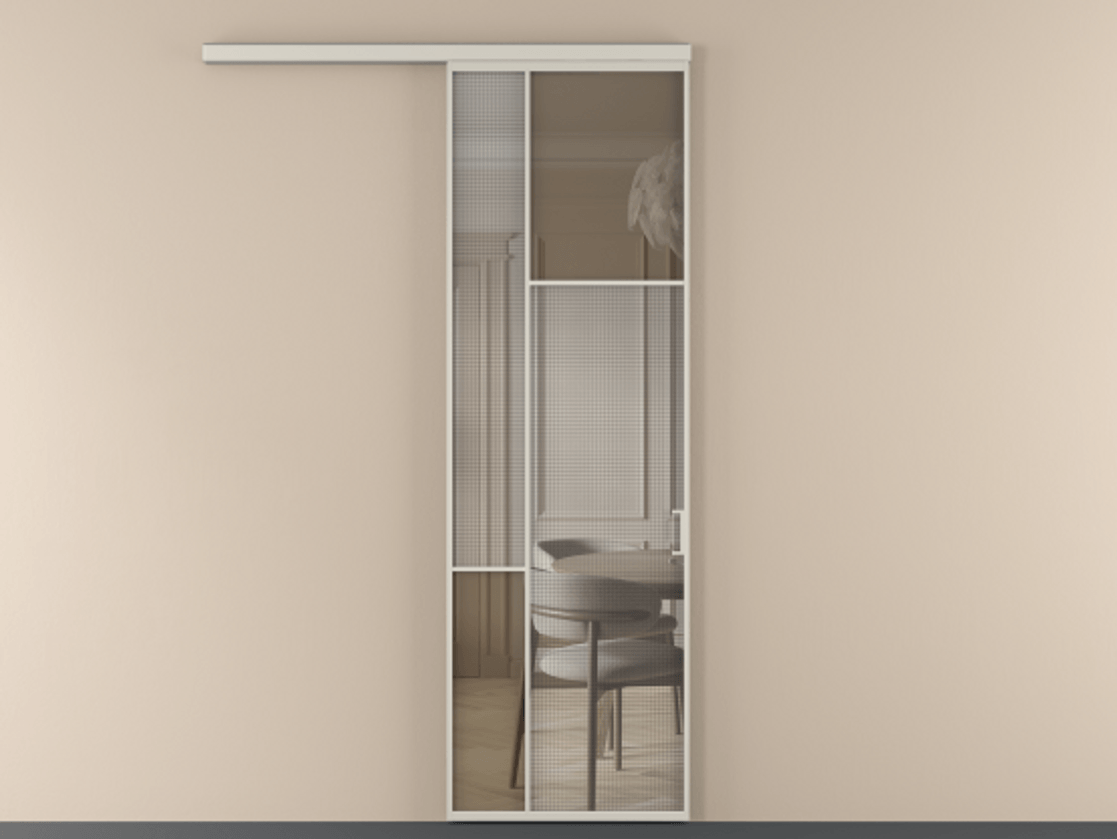 Перегородка Mosaic вдоль стены 1 створка АЛПР 041.11  Алюминий облачно-серый Декоративное стекло с сеткой "Mesh silver", триплекс, 6 мм + Прозрачное бронзовое стекло, триплекс Цена 208250 сом | Volhovec