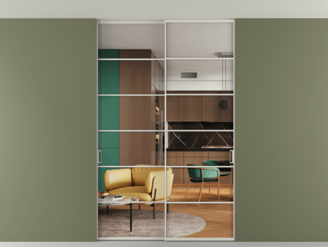 Перегородка Формато внутри проёма скрытое крепление в потолок 2 створки АЛПР 040.04 Алюминий тёплый серый Прозрачное стекло "Кристал Вижн", калёное Цена 469820 сом | Volhovec