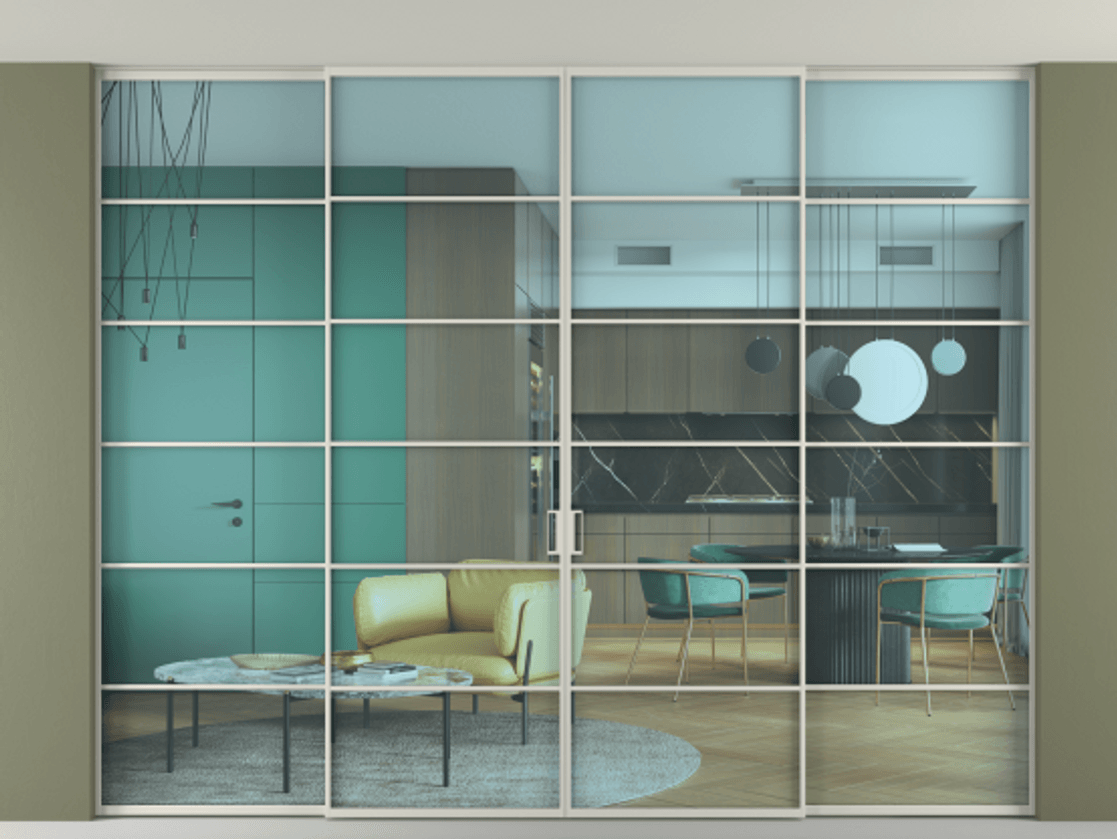 Перегородка Formato внутри проёма скрытое крепление в потолок 4 створки АЛПР 040.04 Алюминий тёплый серый Прозрачное голубое стекло, триплекс Цена 811660 сом | Volhovec