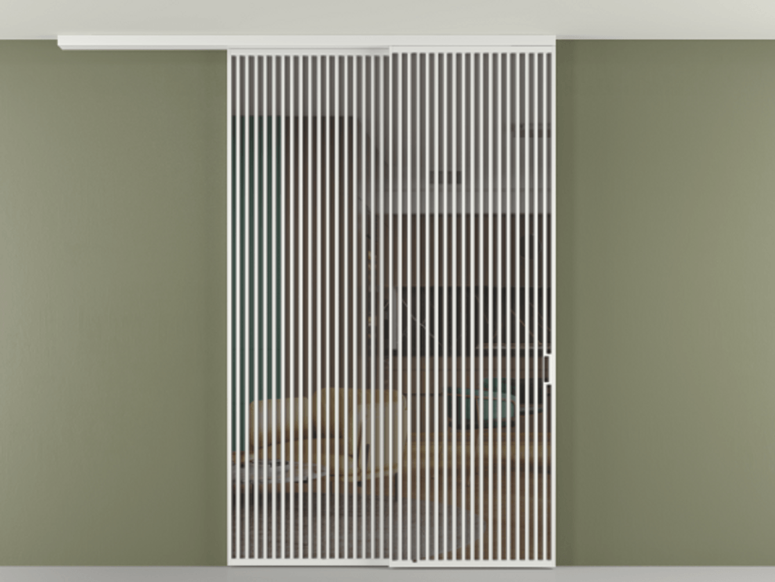 Перегородка Формато вдоль стены на потолок 2 створки с синхронным механизмом АЛПР 040.06 Алюминий белоснежный Прозрачное серое стекло, триплекс Цена 655860 сом | Volhovec