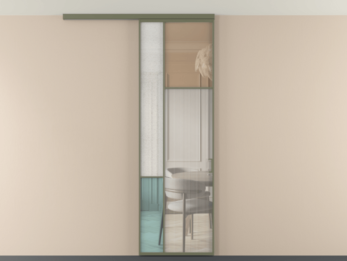 Перегородка Мозаик вдоль стены на потолок 1 створка АЛПР 041.11 Алюминий оливковый тёмный Комбинация стекол Группы 1 и Группы 3 Цена 205350 сом | Volhovec