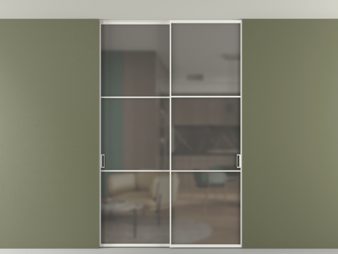 Перегородка Формато внутри проёма скрытое крепление в потолок 2 створки АЛПР 040.03 Алюминий светло-серый Сатинированное серое стекло, триплекс Цена 361400 сом | Volhovec