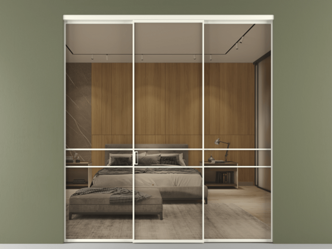 Перегородка Formato внутри проёма 3 створки АЛПР 040.02 Алюминий жемчужный Рефлективное бронзовое стекло "Стопсол", калёное Цена 317600 ₽ | Volhovec