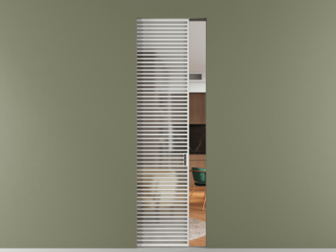 Перегородка Формато скрытый пенал 1 створка АЛПР 040.07 Алюминий белоснежный Сатинированное стекло "Мателюкс Кристал Вижн", калёное, матовое, каленое 6 мм Цена 349700 сом | Volhovec