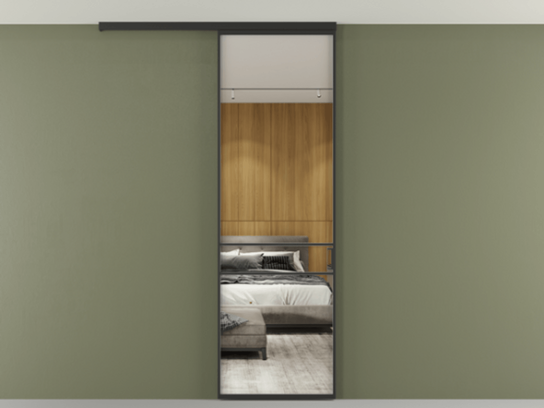 Перегородка Formato вдоль стены на потолок одностворчатая АЛПР 040.02 Алюминий Черный Двустороннее зеркало, триплекс 6 мм, триплекс 6 мм Цена 154830 сом | Volhovec