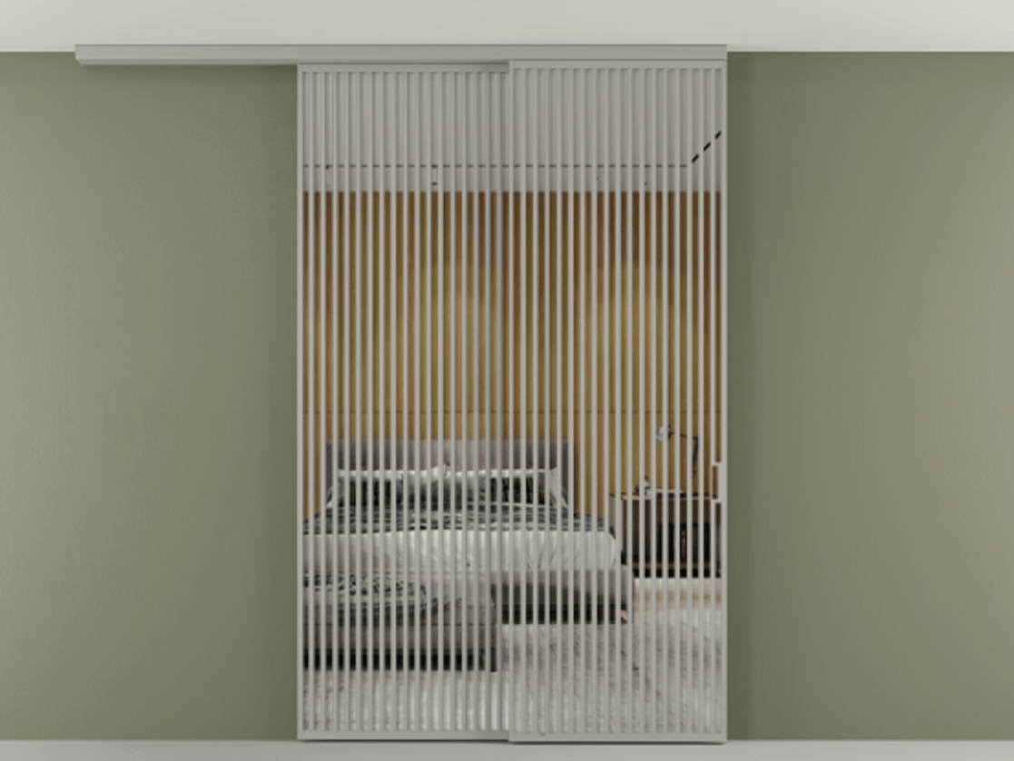 Перегородка Формато вдоль стены на потолок 2 створки с синхронным механизмом АЛПР 040.06 Алюминий нейтральный серый Двустороннее зеркало, триплекс , триплекс 6 мм Цена 655860 сом | Volhovec