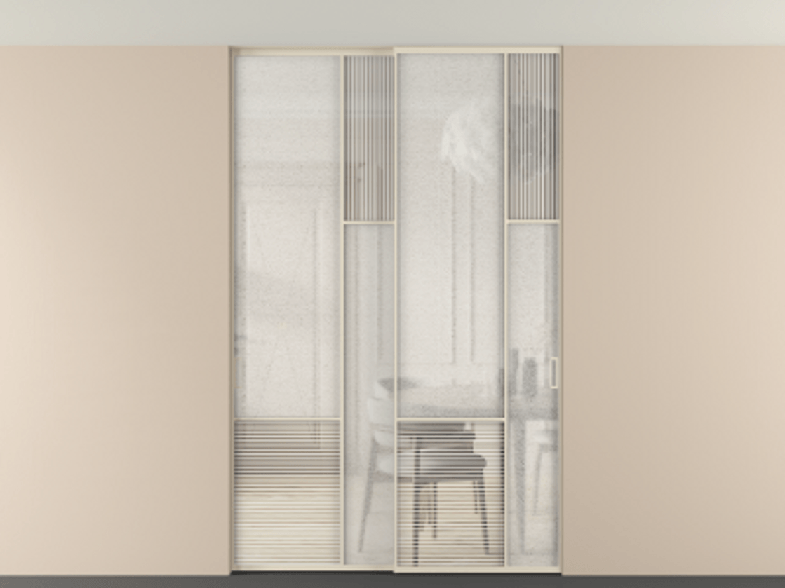 Перегородка Мозаик внутри проёма скрытое крепление в потолок 2 створки АЛПР 041.12 Алюминий бежево-серый Рифлёное стекло "Дюна", триплекс, 6 мм + Фактурное стекло "Лёд", триплекс Цена 495880 сом | Volhovec