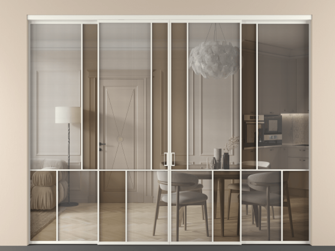 Перегородка Mosaic внутри проёма 4 створки АЛПР 041.20 Алюминий Белый Декоративное стекло с сеткой "Mesh silver", триплекс, 6 мм + Прозрачное бронзовое стекло, триплекс. Скрытый короб БЕЛ Цена 678440 сом . Фабрика дверей Волховец 8 (800) 551 43 19 Перегородка Mosaic внутри проёма 4 створки АЛПР 041.20 Алюминий Белый Декоративное стекло с сеткой "Mesh silver", триплекс, 6 мм + Прозрачное бронзовое стекло, триплекс Цена 678440 сом | Volhovec