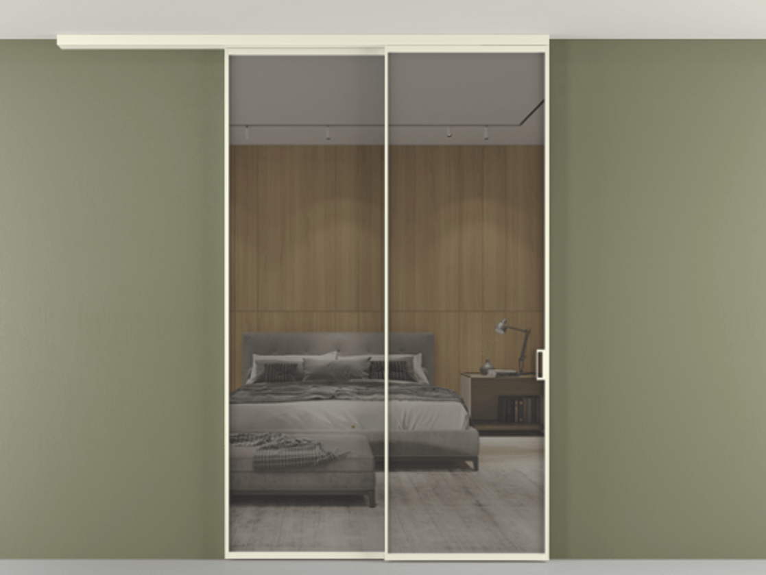 Перегородка Формато вдоль стены на потолок 2 створки с синхронным механизмом АЛПР 040.01 Алюминий молочно-белый Рефлективное серое стекло "Стопсол", калёное Цена 458840 сом | Volhovec