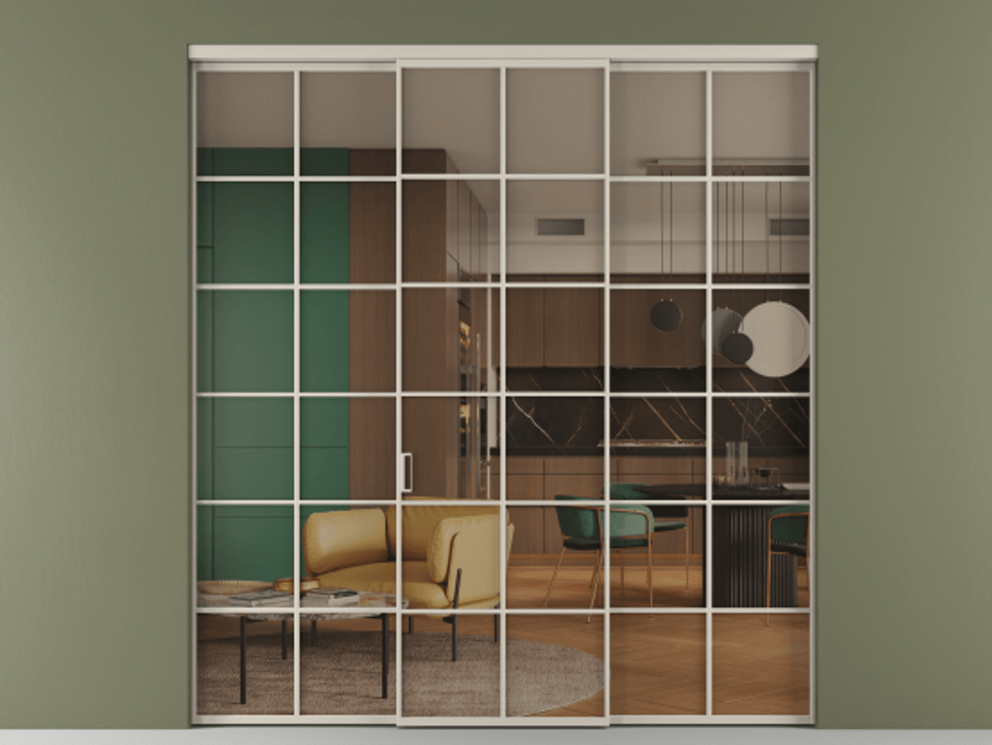 Перегородка Formato внутри проёма 3 створки АЛПР 040.05 Алюминий светло-бежевый Прозрачное бронзовое стекло, триплекс Цена 371030 сом | Volhovec